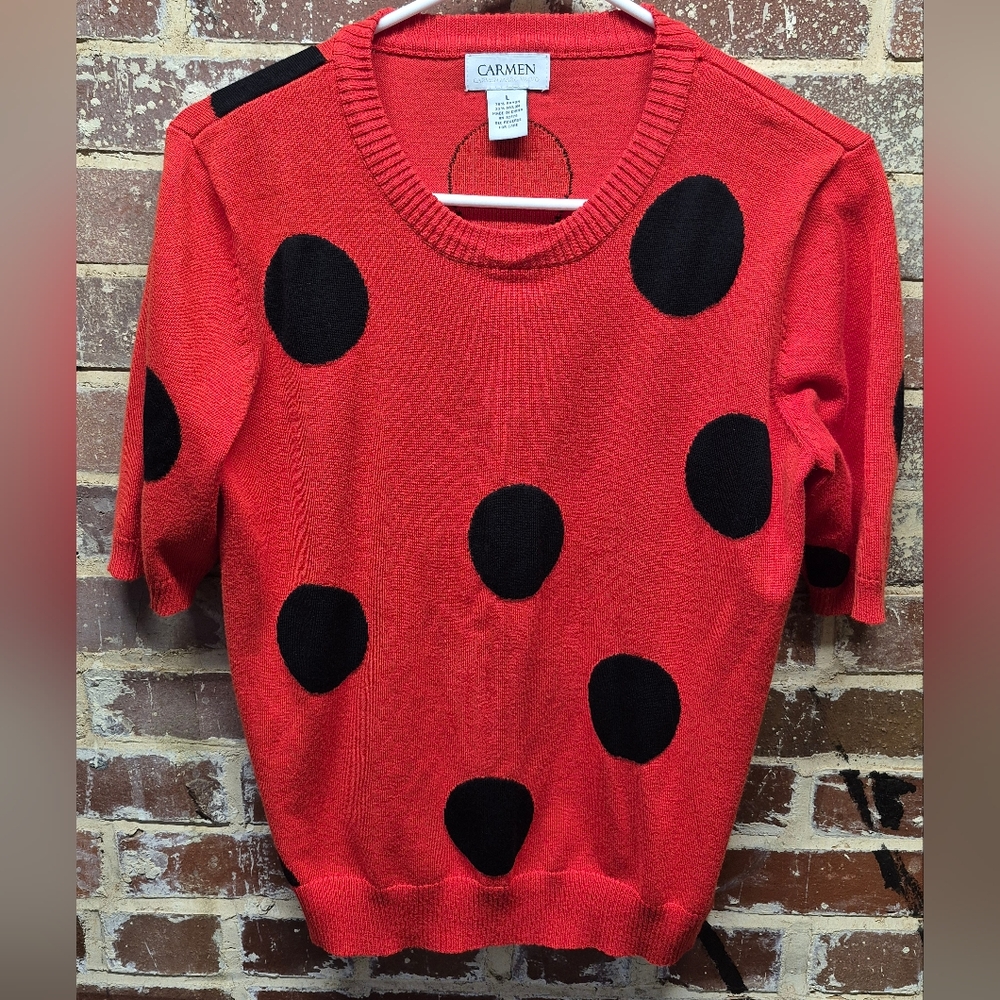 Retro Women's Ladybug Cropped Sweater Red & Black Polka Dot Size L Short Sleeve